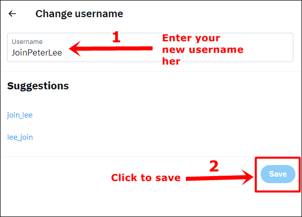 This image shows the "Change username" page on desktop X (Twitter). It provides the steps to enter a new username and then to click the "Save" button to save the changes.