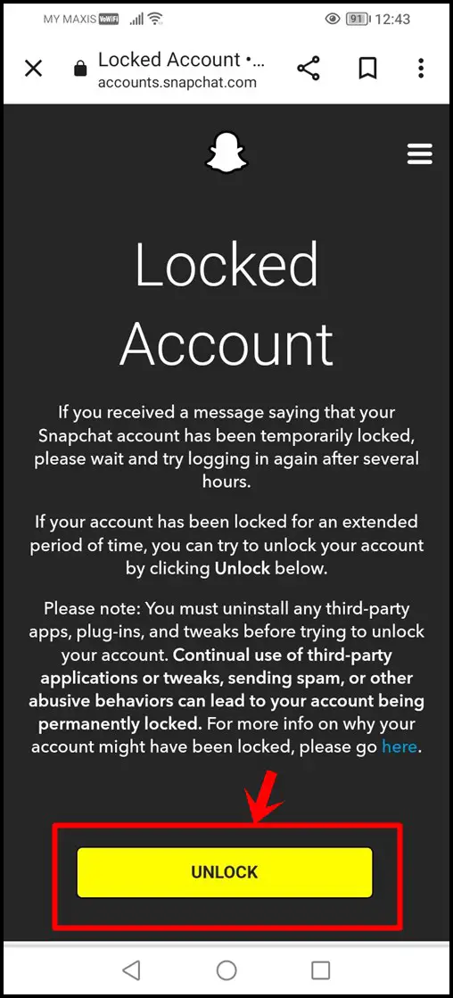 This image shows the Snapchat's "Locked Account" alert screen. The "UNLOCK" button at the bottom of the screen is highlighted.