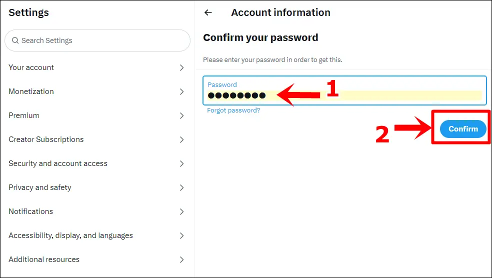 This image shows X (Twitter) prompted for password confirmation.