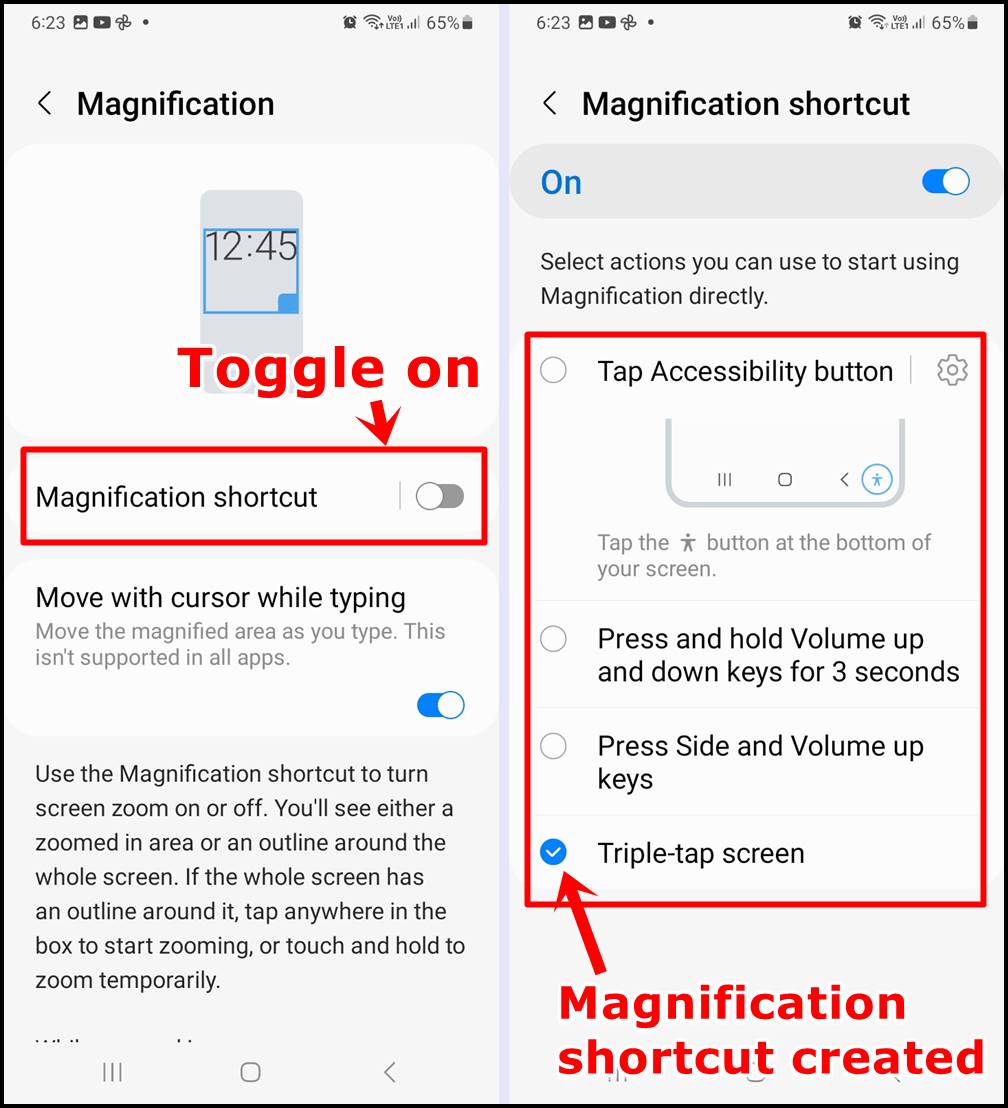 Samsung Galaxy Magnification: Create the Magnification shortcut for easy access. Here we picked "Triple-tap screen"