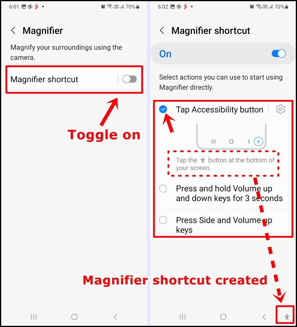 Samsung Galaxy Magnifier: Create the Magnifier shortcut for easy access. Here we picked "Tap Accessibility button"