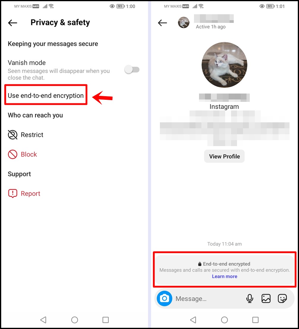 This image shows the steps to navigate to the Instagram page to enable "Use end-to-end encryption". A new encrypted chat thread will then created.