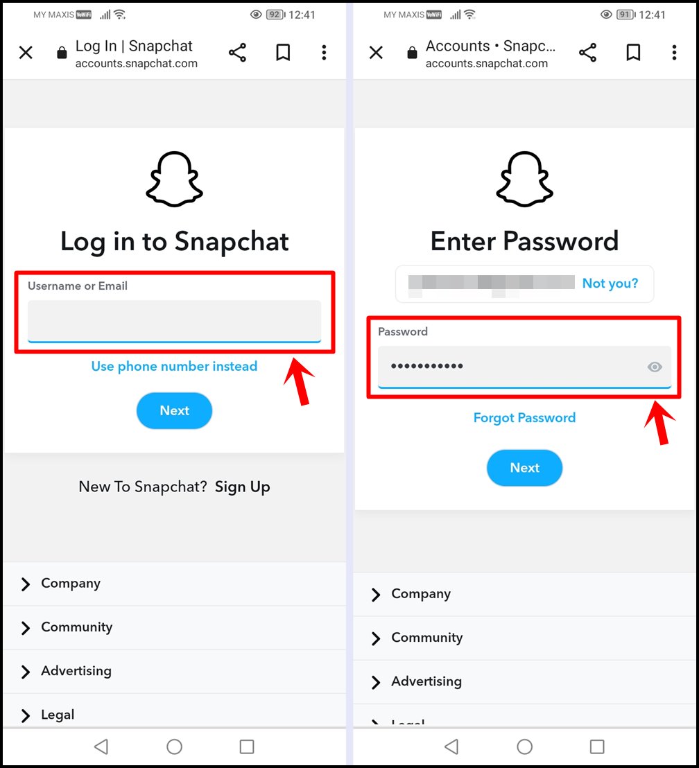 This image shows steps to enter Snapchat username and password.