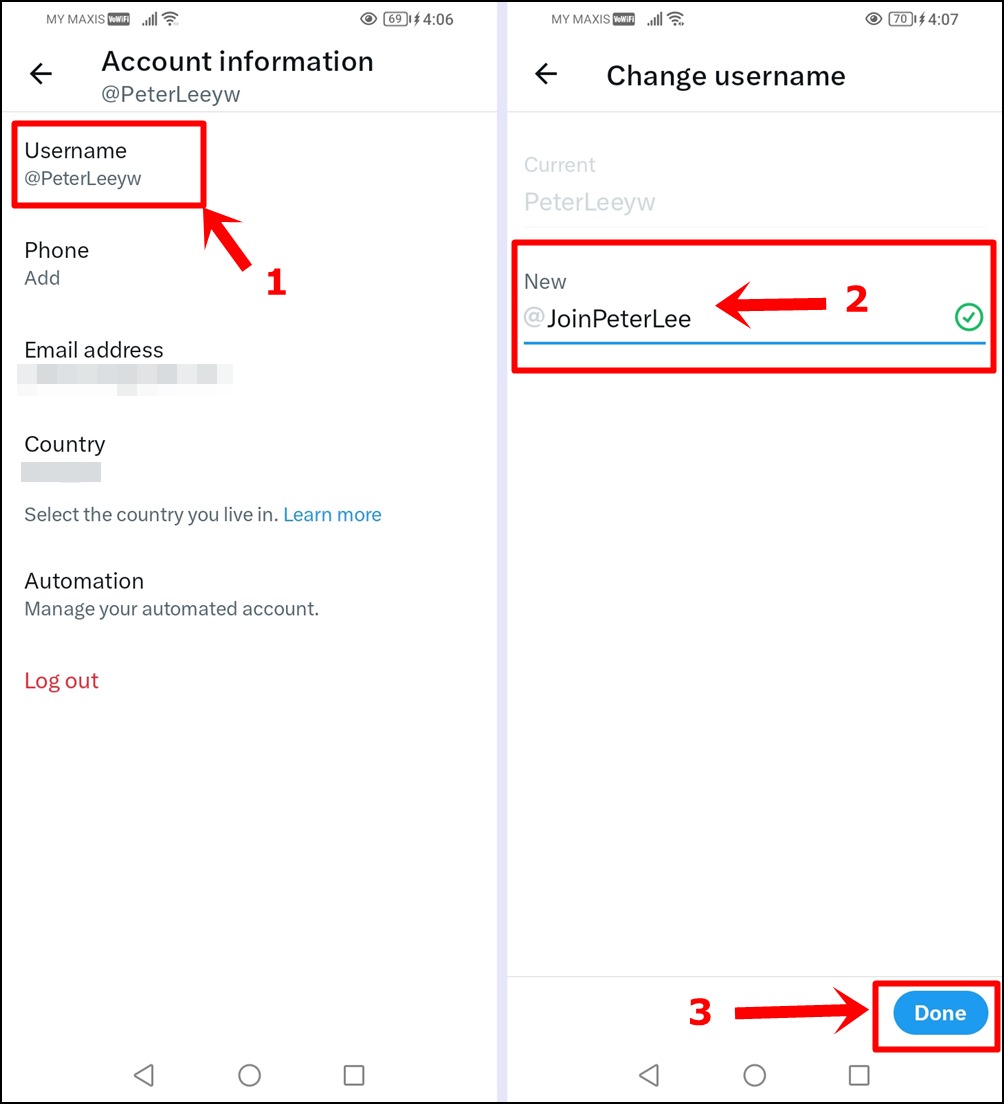 This image shows the steps in changing X (Twitter) username in the mobile app, and click the "Done" button to save the changes.