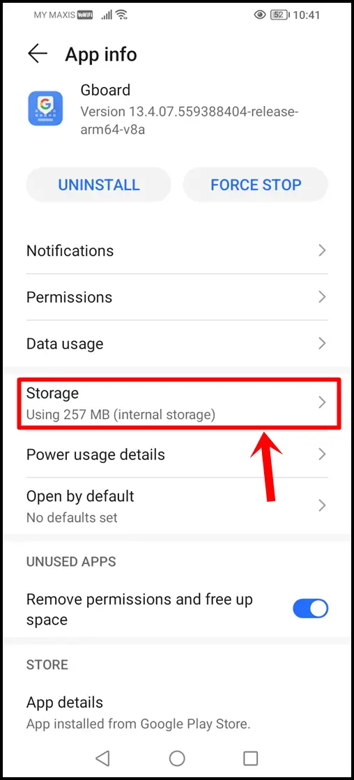 Clearing Cache and Data of Gboard: Tap on "Storage".