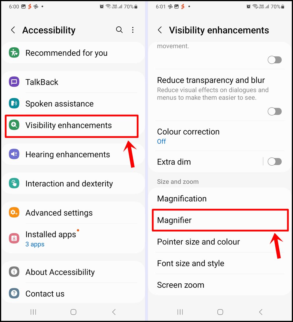 Samsung Galaxy Magnifier: Go to Accessibility and then Visibility enhancements, and tap on "Magnifier"