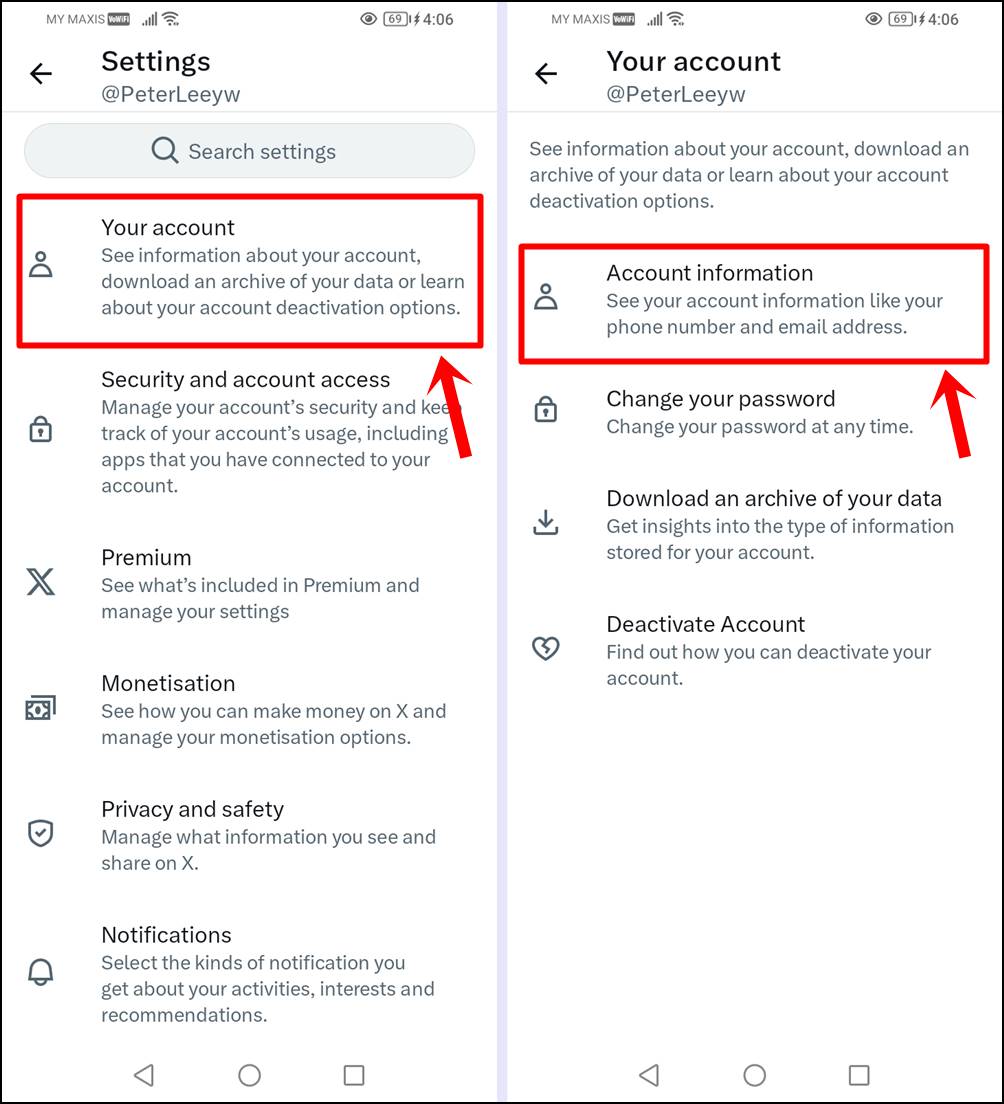 This image shows how to navigate from the "Your account" screen to the "Account information" screen in the X (Twitter) mobile app.