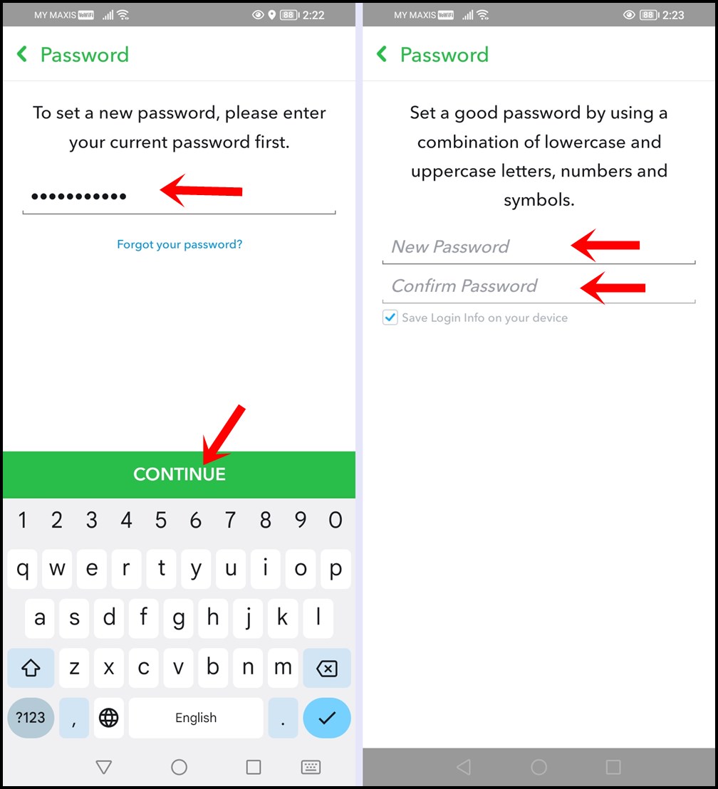 This image shows the steps to reset Snapchat's password. 