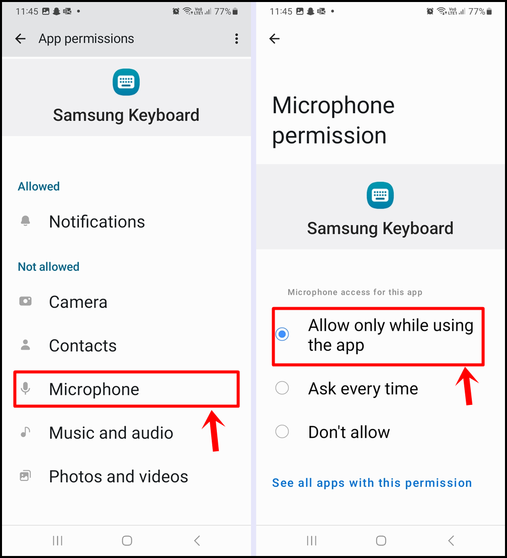Fix 'No permission to enable: Voice typing' error on Android - Checking Microphone Permission on Samsung Keyboard: Grant Microphone the necessary permission.