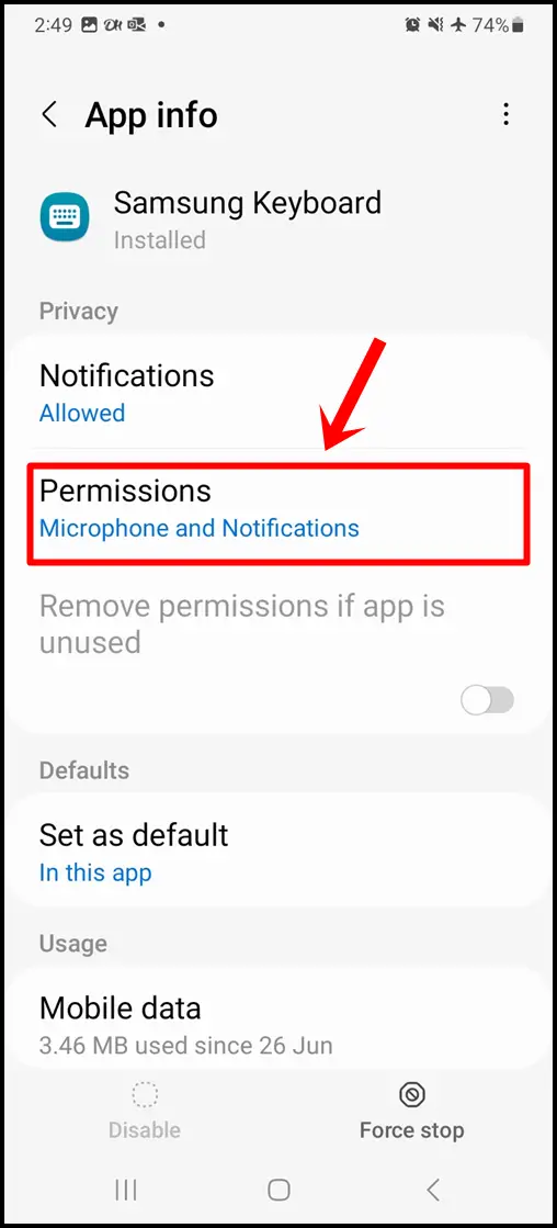 Fix "No permission to enable: Voice typing" on Android - Checking Microphone Permission on Samsung Keyboard: Tap on "Permissions".