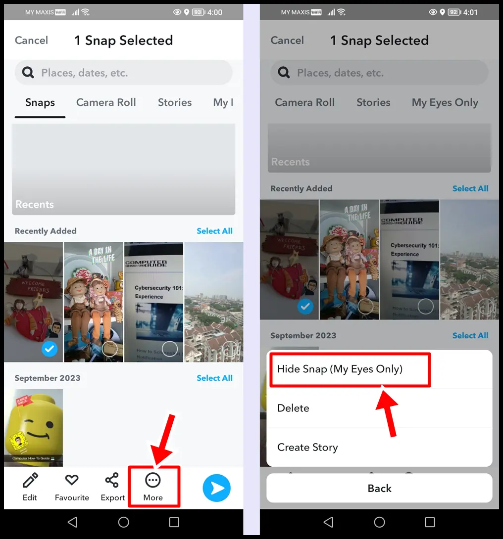 How to Hide Snaps in "My Eyes Only" on Snapchat: Select Hide Snap (My Eyes Only)