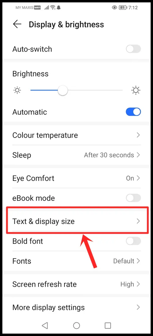 Select "Text & display size"