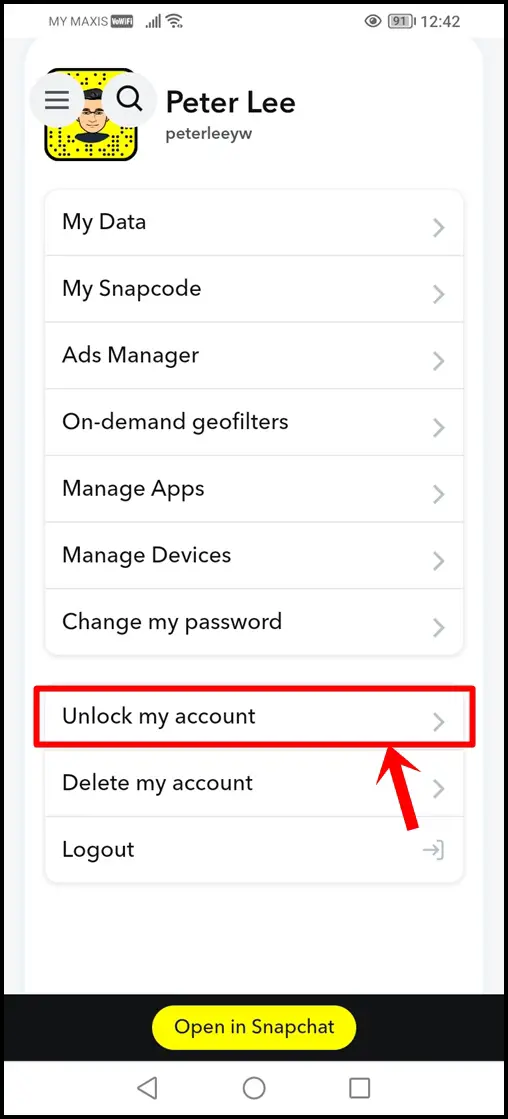 This image shows a successful log in to Snapchat account and the "Unlock my account" option is highlighted.