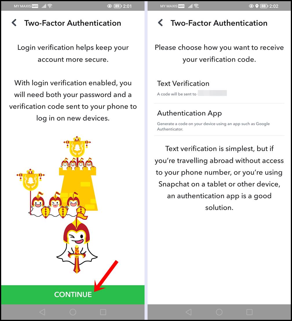 This image shows the process of setting up Snapchat's Two-Factor Authentication.