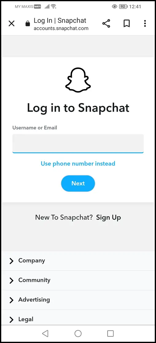 This image shows the log in screen to the Snapchat app after clicking the link to unlock Snapchat account.