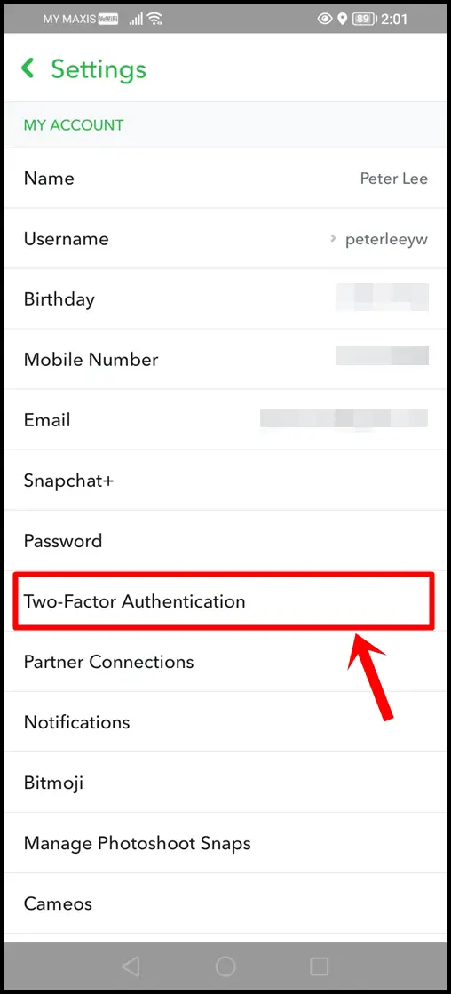 This image shows the Snapchat's Settings screen. The "Two-Factor Authentication" option is highlighted.