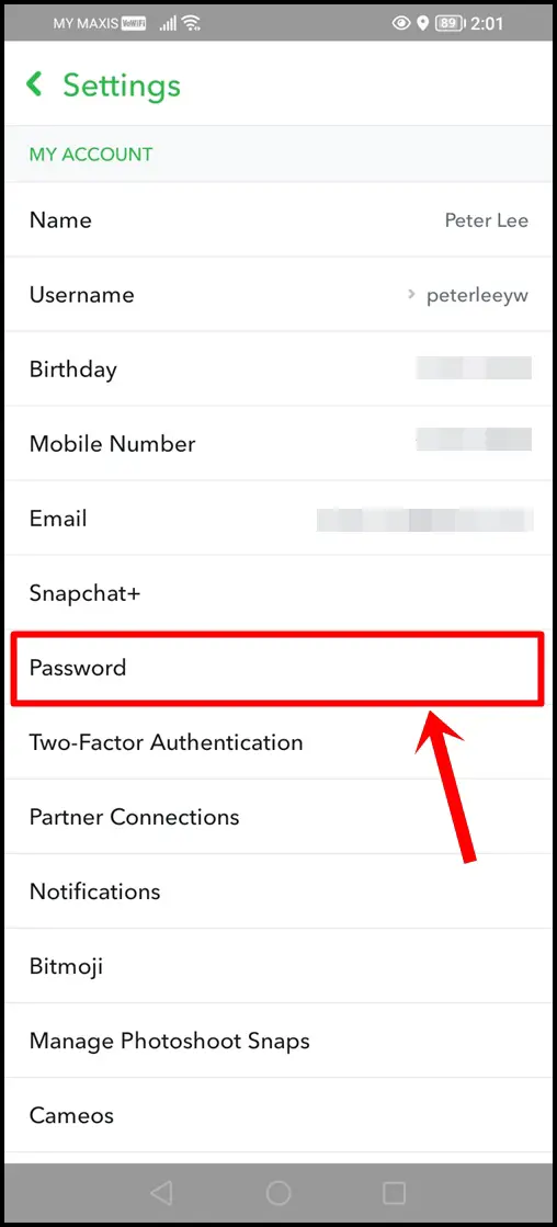 This image shows the Snapchat's Settings screen. The "Password" option is highlighted.