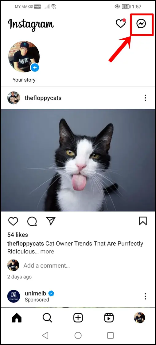 This image shows a highlighted "Messenger Icon" in the top right corner of Instagram Home screen.