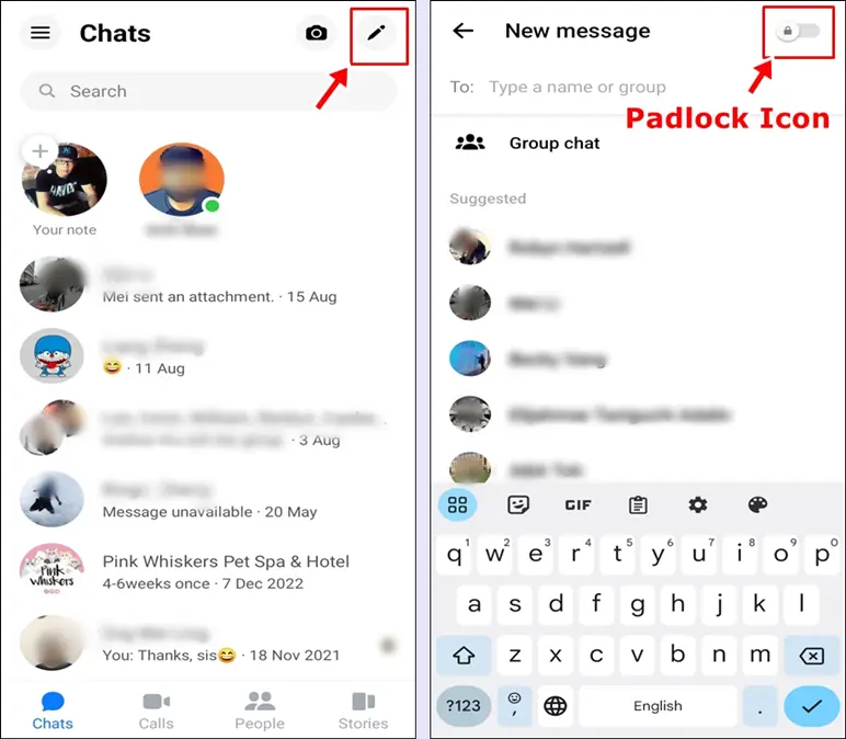 Facebook Messenger symbols & icons - Chats screen: The Pen and Padlock Icons