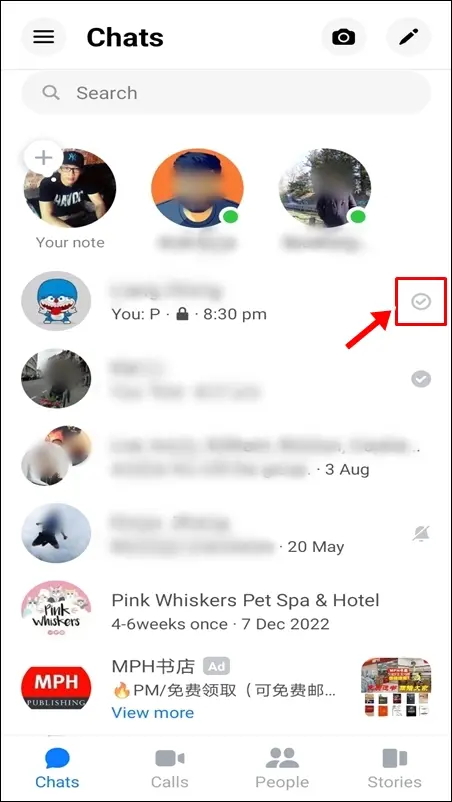 Facebook Messenger symbols & icons - Chats screen: Unfilled Gray Check Icon
