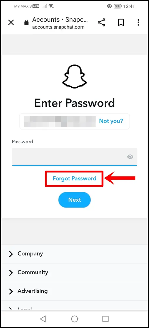 This image shows the Snapchat "Enter Password" screen. The "Forgot Password" option is highlighted.
