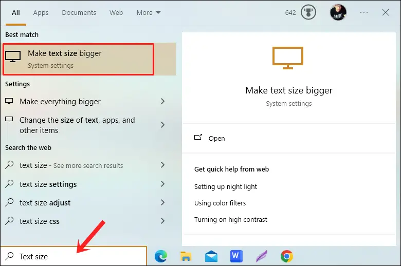 Windows search for Text size