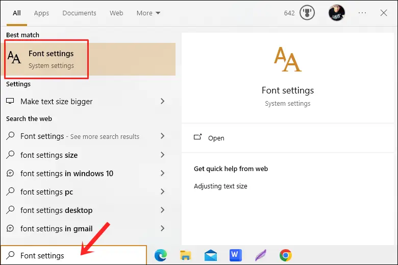 Windows search Font settings