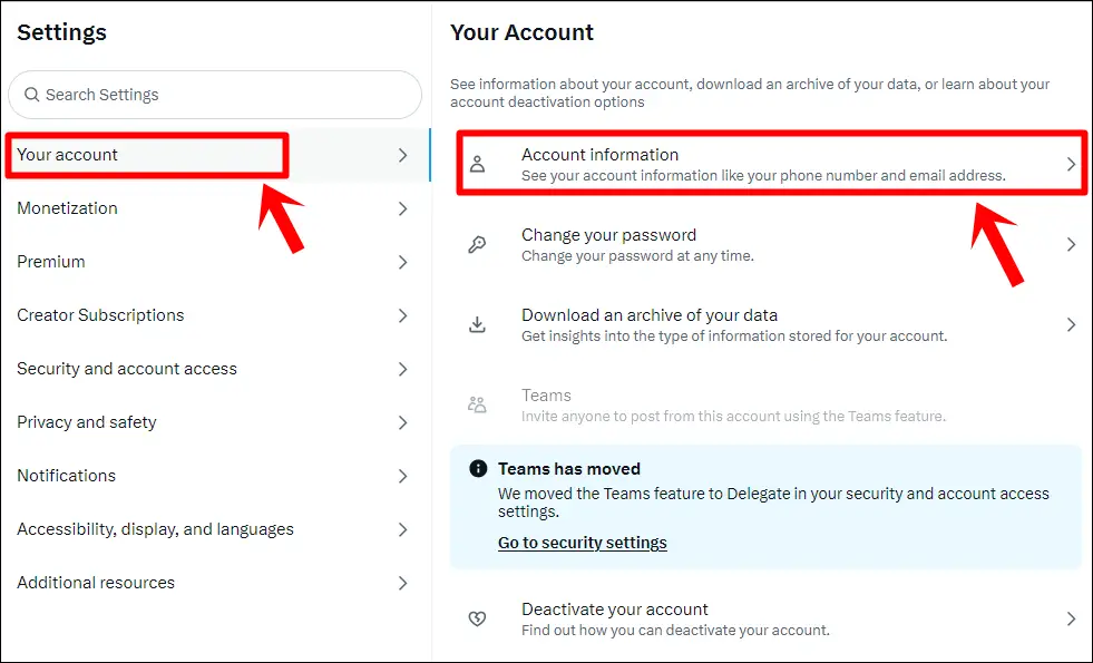 This image shows navigating from Settings, to "Your account", followed by "Account information" in desktop X (Twitter).