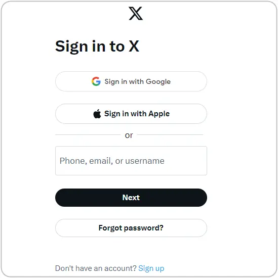 This image shows the login page of X (Twitter) on desktop web browser.