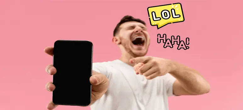 Funny Phone Names to Name Your Smartphone: A Man Laughing Out Loud and Showing His Smartphone Screen.