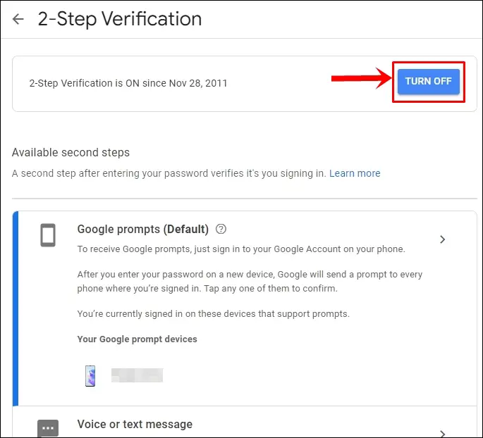 This image displays the "2-Step Verification" page in Gmail. The "TURN OFF" button is highlighted.