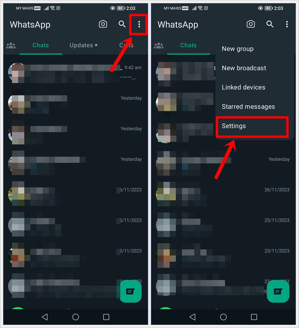 How to Hide Your WhatsApp Profile Picture from Specific Contacts: This image displays two screenshots of an Android phone: one highlighting the 'Three-Vertical-Dots' on the WhatsApp's Settings screen, and the other featuring the 'Settings' option on the dropdown menu.