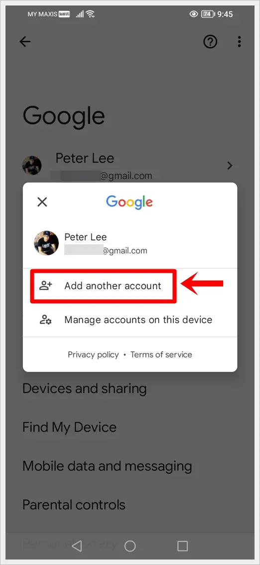 How to Fix Google Find My Device Not Working: This image highlighted the "Add another account" option on the Google screen of an Android device.