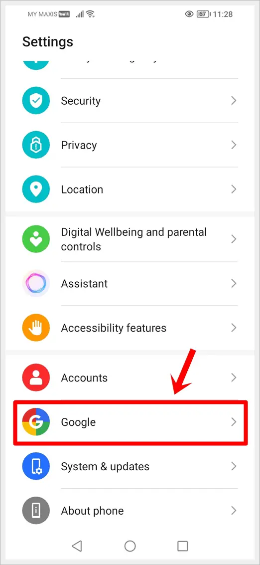 This image shows the Settings screen of  an Android device. The "Google" option is highlighted.
