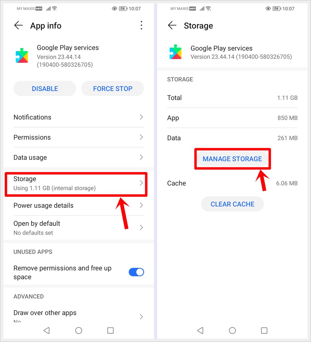 This image displays two screenshots: one highlighting the 'Storage' option on the App info screen, and the other featuring the 'Manage Storage' option on the Storage screen.
