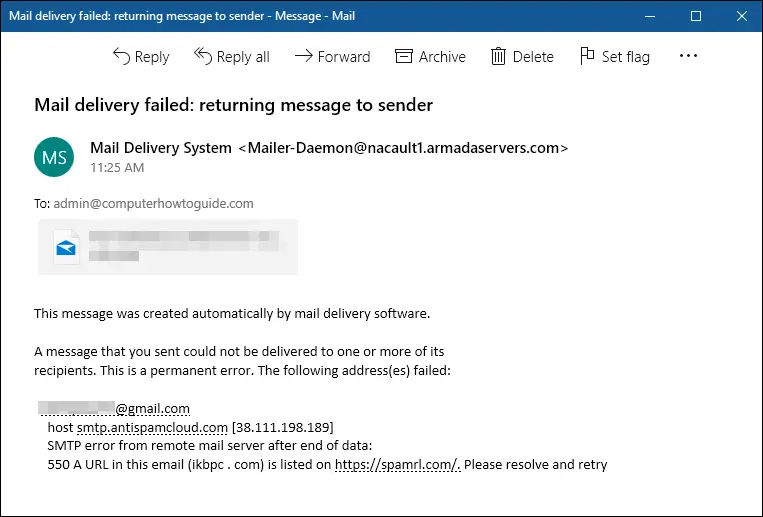 This image shows a bounced email that could be potentially caused by domain issues.