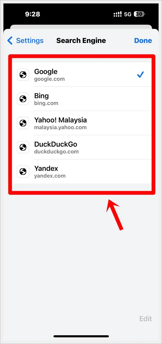 This image displays a list of search engines for Chrome on iPhone.