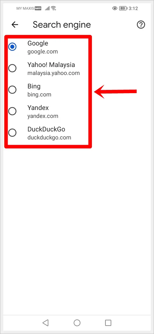 This image shows the Search engine screen on Microsoft Edge for Android with different search engines to choose from.