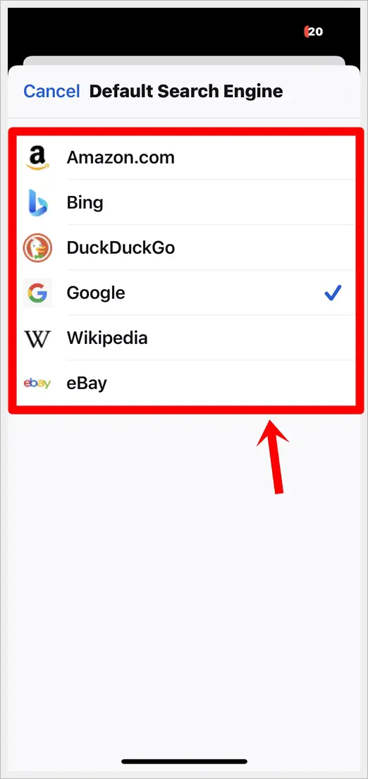 This image shows the "Default search engine" screen in Firefox for iOS. The various search engines are highlighted.