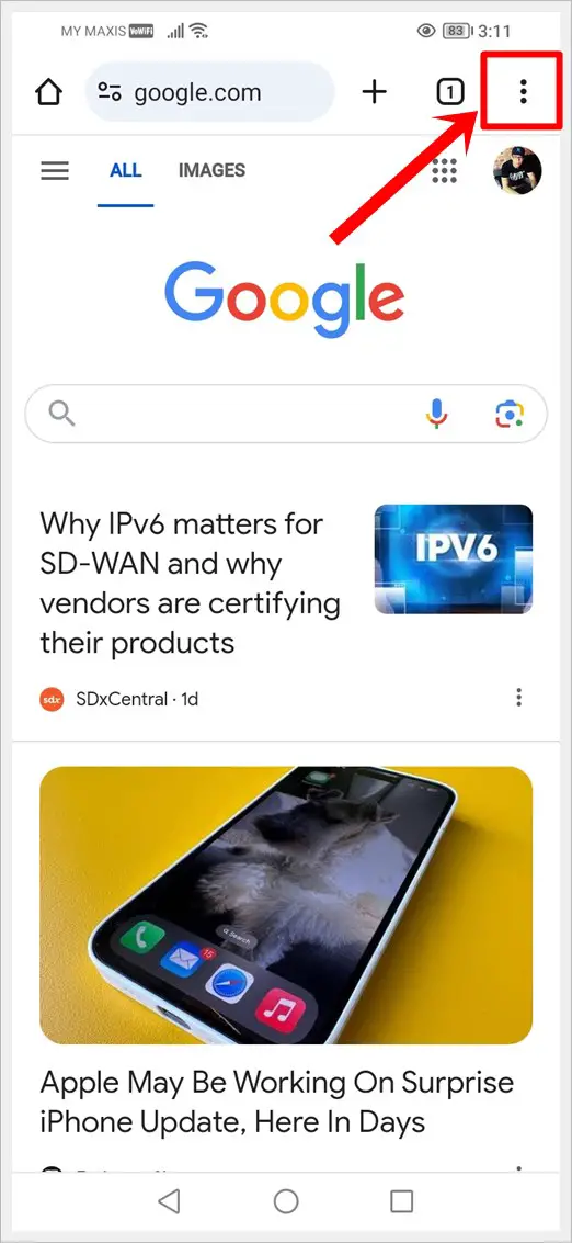 This image shows the highlighted 3-Dot Icon in the top-right corner of Chrome for Android.