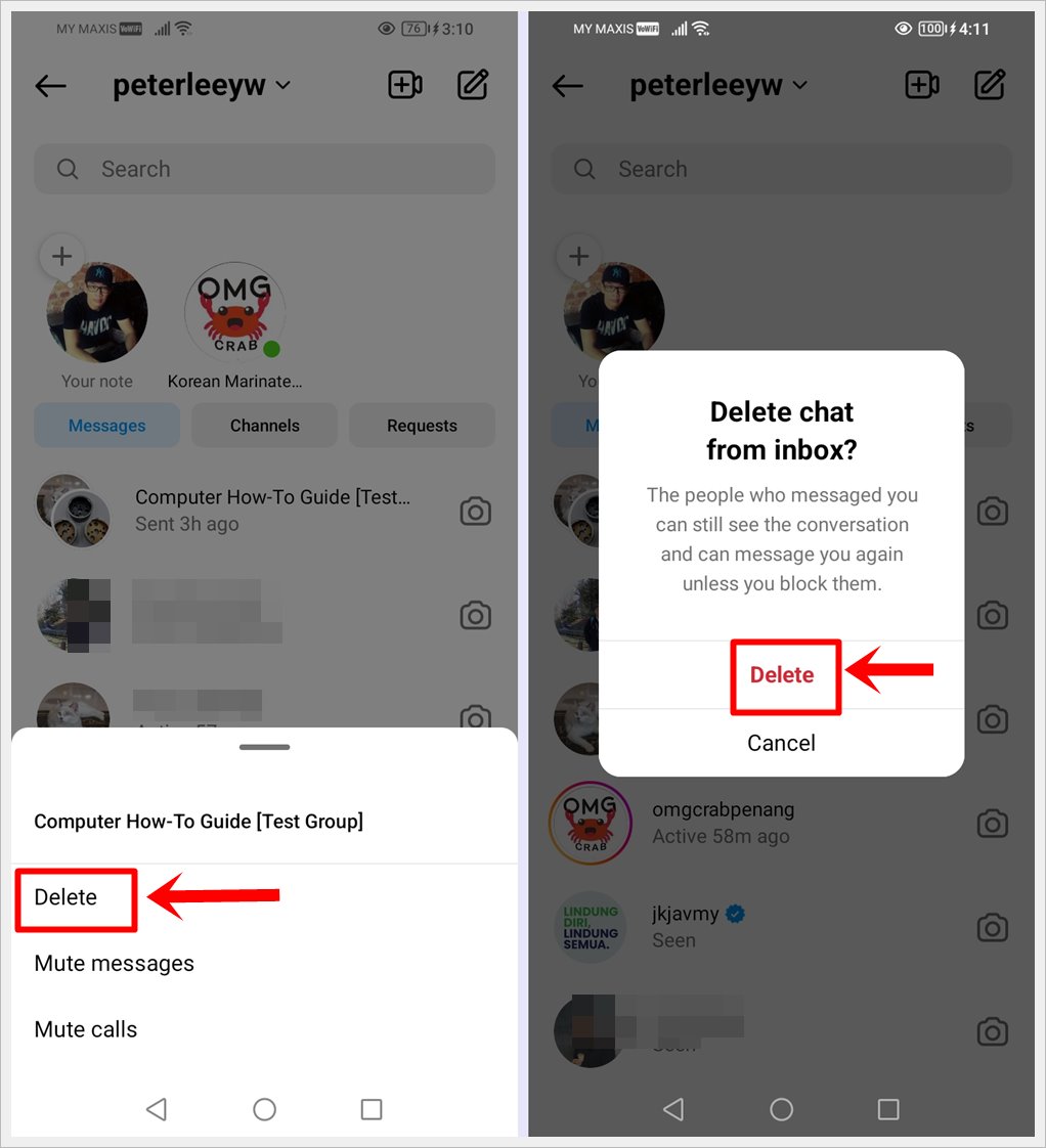 This image shows the process of  confirming the deletion of an Instagram group.