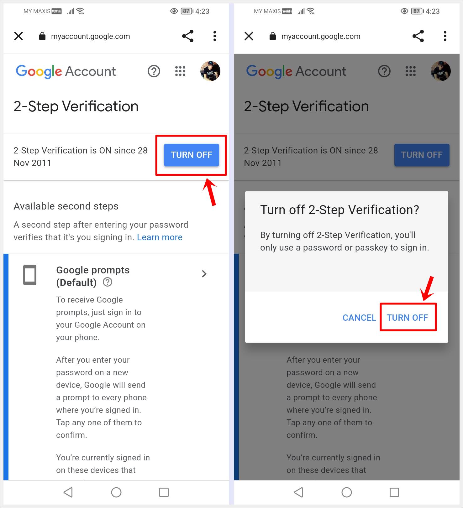 This image shows the steps to turn off, and confirm turning off Gmail 2FA on mobile.