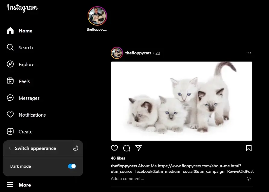 This image shows Instagram desktop in dark mode.