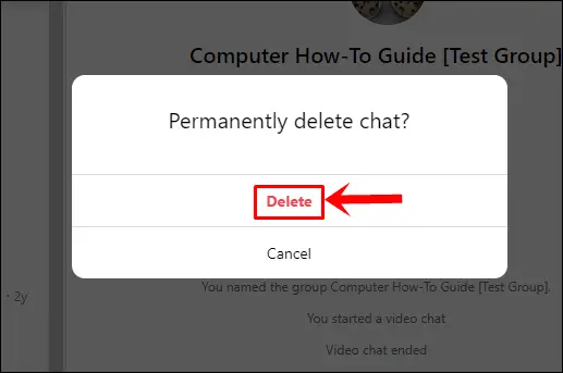 This image shows the "Permanently delete chat?" alert that pops up with the "Delete" option highlighted.