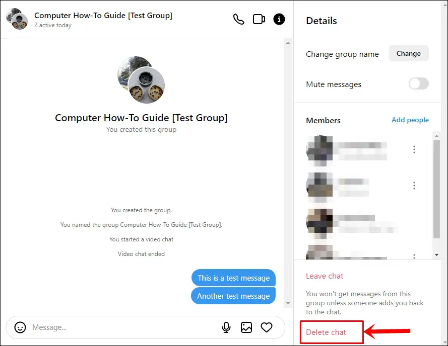 This image shows an Instagram Group Chat with the "Delete chat" option highlighted.