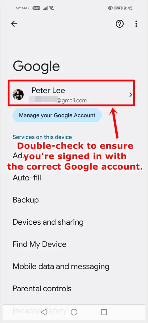 How to Fix Google Find My Device Not Working: This image shows a screenshot of the Google screen on an Android device. The user's Google Account is highlighted.