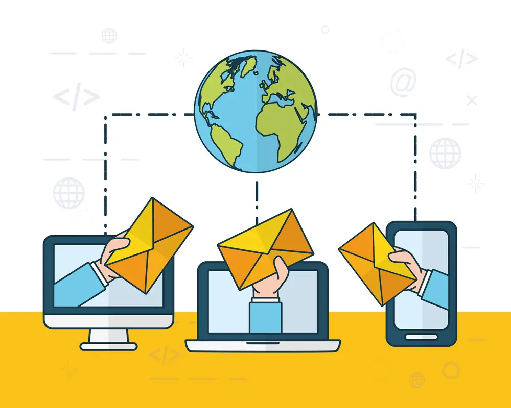 How to Fix Bounced or Rejected Email Issues: This illustration shows a laptop, a computer and a smartphone connecting the world via sending emails.