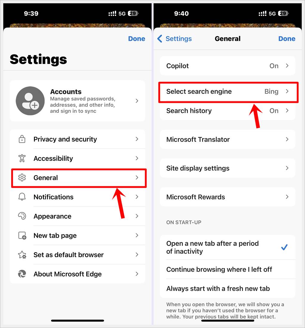 This image shows 2 screenshots of the Microsoft Edge app for iOS. The "General" and "Select search engine" options are highlighted on each screenshot, respectively.