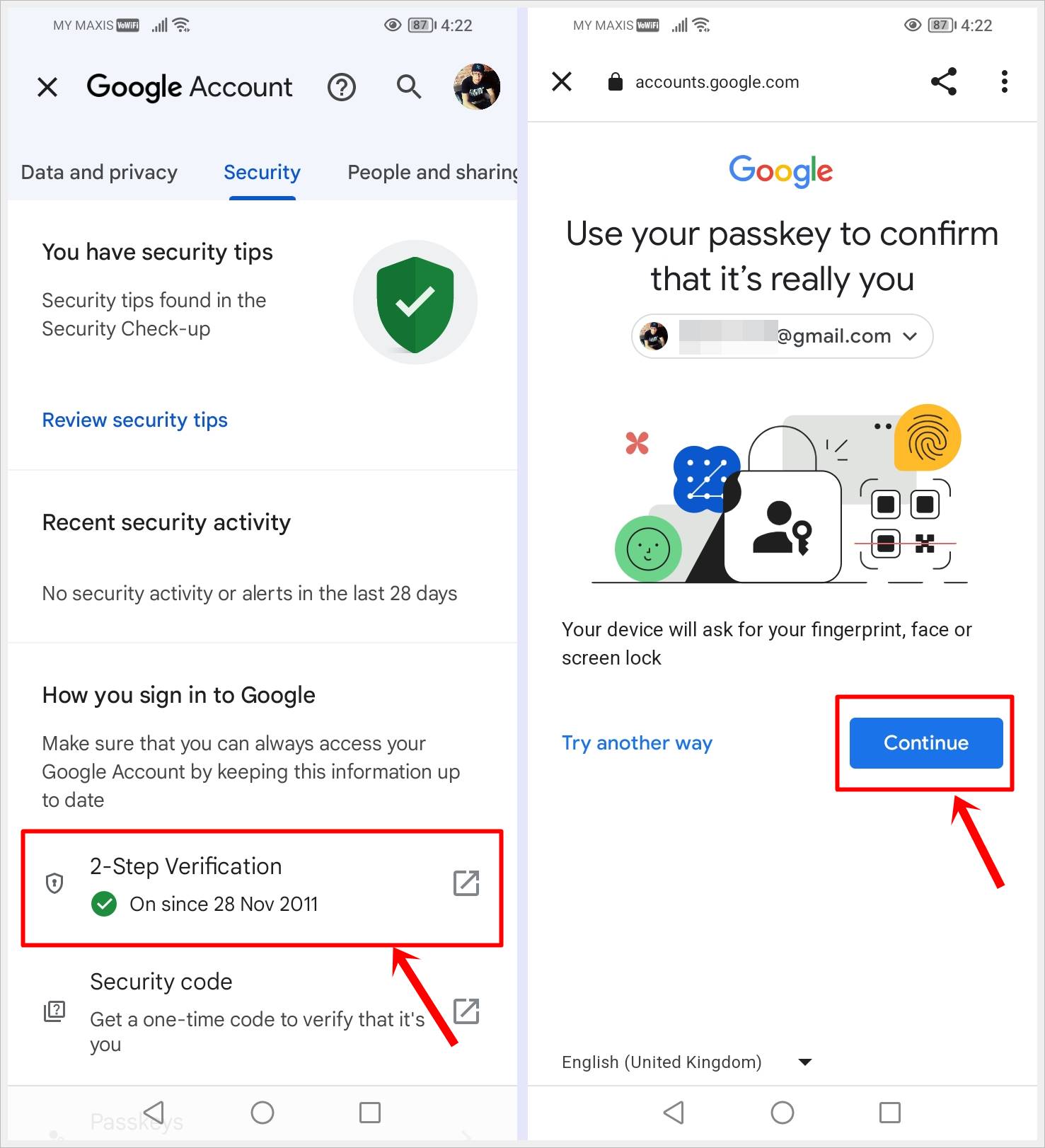 This image shows the Google Account page on mobile. The "2-Step Verification" option in the "How you sign in to Google" section is highlighted. It also shows the step to confirm user's identity via the user's passkey.