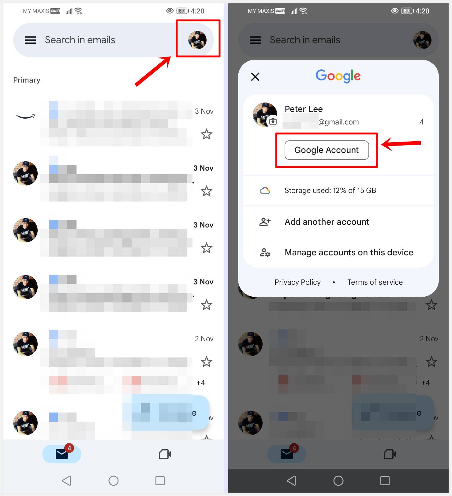 This image shows how to navigate to "Google Account" within the Gmail mobile app. The Profile Icon and the "Google Account" button are highlighted.